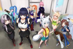  6+girls ;d animal_ears ass black_dress black_gloves black_hair black_leotard black_lips black_skirt black_thighhighs blonde_hair blue_bodysuit blue_dress blue_eyes blue_hair blue_shorts bodysuit boots bracelet braid breasts brown_eyes brown_hair brown_pantyhose bun_cover cahryos china_dress chinese_clothes chun-li cleavage clenched_hand cloak closed_mouth colored_inner_hair commentary commission cosplay crop_top dc_comics denim denim_shorts dog_girl dog_tail double_bun dress fairy_wings final_fantasy final_fantasy_vii fox_ears fox_girl fox_tail gloves green_dress green_eyes grey_hair gun hair_bun hand_on_own_face hand_up highleg highleg_leotard highres holding holding_gun holding_poke_ball holding_weapon hololive hololive_english hoshimachi_suisei hotel_transylvania indoors inugami_korone jewelry kasumi_(pokemon) large_breasts leotard long_hair looking_at_viewer low_twin_braids mavis_dracula mavis_dracula_(cosplay) medium_breasts metroid misty_(pokemon)_(cosplay) momosuzu_nene mori_calliope multicolored_hair multiple_girls navel one_eye_closed one_side_up open_mouth orange_hair ouro_kronii pantyhose pink_eyes pink_hair poke_ball pokemon pokemon_(anime) pokemon_(classic_anime) ponytail purple_boots purple_cloak purple_skirt raven_(dc) raven_(dc)_(cosplay) red_boots red_shoes samus_aran samus_aran_(cosplay) shiori_novella shirakami_fubuki shoes short_dress shorts skirt smile sneakers spiked_bracelet spikes split-color_hair standing standing_on_one_leg starfire starfire_(cosplay) street_fighter striped_clothes striped_pantyhose suspender_shorts suspender_skirt suspenders tail takanashi_kiara tank_top teen_titans thighhighs tifa_lockhart tifa_lockhart_(cosplay) tinker_bell_(disney) tinker_bell_(disney)_(cosplay) twin_braids two-tone_hair v vambraces virtual_youtuber walt_disney&#039;s_peter_pan weapon white_tank_top wings yellow_eyes yellow_tank_top zero_suit 