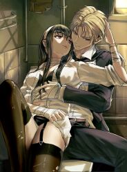  1boy bandaged_arm bandaged_stomach bandages belt black_belt black_bra black_hair black_jacket black_necktie black_panties black_pants black_thighhighs blonde_hair blue_eyes bra breasts closed_mouth collarbone collared_shirt commentary couple earrings english_commentary feet_out_of_frame female fingernails gold_earrings hair_between_eyes hand_on_another&#039;s_head hand_on_another&#039;s_stomach headband henoopd highres hug indoors jacket jewelry knee_up long_hair looking_at_another looking_down looking_up medium_breasts midriff navel necktie on_toilet open_clothes open_shirt panties pants parted_lips red_eyes shirt short_hair sidelocks sitting spy_x_family sunlight thigh_strap thighhighs torn_clothes torn_thighhighs twilight_(spy_x_family) underwear white_headband white_shirt window yor_briar 