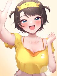  :d blue_eyes blush breasts brown_hair camisole cleavage collarbone commentary_request cropped_shirt female hand_up hareteruya headband highres hololive large_breasts loungewear midriff navel official_alternate_costume official_alternate_hairstyle oozora_subaru oozora_subaru_(loungewear) open_mouth orange_camisole outstretched_arm reaching reaching_towards_viewer shirt short_hair short_sleeves simple_background smile solo swept_bangs two_side_up virtual_youtuber yellow_headband yellow_shirt 