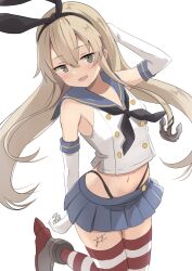  absurdres black_panties blonde_hair blush breasts elbow_gloves female gloves hairband highleg highleg_panties highres kantai_collection long_hair looking_at_viewer navel open_mouth panties sailor_collar school_uniform shimakaze_(kancolle) skirt solo striped_clothes striped_thighhighs sukimizaki thighhighs underwear white_gloves 