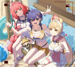  3girls :d absurdres ahoge alice_thymefield alice_thymefield_(sea_of_thyme) animal_ears battery beach belle_(summer_skies)_(zenless_zone_zero) belle_(zenless_zone_zero) bikini bikini_under_clothes blonde_hair blue_hair bracelet breasts choker cleavage commentary_request eyewear_on_head facial_mark green_eyes grin hair_ornament heart heart-shaped_eyewear heart_facial_mark heterochromia highres jewelry kama_(zenless_zone_zero) letter_hair_ornament long_hair looking_at_viewer low_twintails mal_to_mal midriff multiple_girls navel necklace official_alternate_costume one-piece_swimsuit open_mouth orange_eyes outdoors pink_nails rabbit_ears rabbit_girl raccoon red_eyes red_hair sandals see-through_clothes see-through_shirt shirt short_twintails shorts sitting smile sphere_hair_ornament swim_ring swimsuit thigh_strap twintails ukinami_yuzuha ukinami_yuzuha_(tanuki_in_broad_daylight) v viewfinder white_choker yellow_shorts zenless_zone_zero 