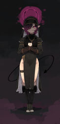  beads clothed clothing demon demon_humanoid exposed fan_character fantasy female fingerless_gloves footwear front_view gloves hair halo handwear hi_res high_heels horn horned_humanoid humanoid humanoid_pointy_ears legwear looking_at_viewer not_furry nun_outfit pale_skin pink_eyes pointy_ears prayer_beads purple_hair rosary shoes short_hair shuuko smile smirk solo tagme 