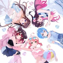  5girls ahoge aya02ka azki_(holonatsu_paradise)_(hololive) ball beachball belt black_hair blue_eyes blue_hair blue_shirt blue_skirt breasts circle_formation colored_inner_hair dress eyewear_on_head flower green_eyes hair_bun hair_flower hair_ornament hairclip highres hololive holonatsu_paradise hoshimachi_suisei_(holonatsu_paradise) long_hair looking_at_viewer lying medium_breasts medium_hair midriff multicolored_hair multiple_girls navel official_alternate_costume open_mouth pink_shirt purple_eyes roboco-san_(holonatsu_paradise) sakura_miko_(holonatsu_paradise) shirt short_hair skirt smile streaked_hair tied_shirt tokino_sora_(holonatsu_paradise) twintails virtual_youtuber white_background white_dress 