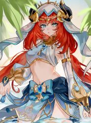  absurdres blue_eyes blue_skirt breasts brooch crop_top fake_horns female genshin_impact highres horns inishie_no_tanaka jewelry long_hair long_sleeves looking_at_viewer medium_breasts midriff navel nilou_(genshin_impact) red_hair skirt solo standing stomach veil very_long_hair 
