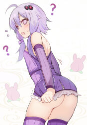  @_@ ass bare_shoulders breasts compression_sleeve cowboy_shot dress efe female hashtag-only_commentary highres leaning_forward looking_at_viewer open_mouth purple_dress purple_thighhighs short_hair_with_long_locks simple_background small_breasts solo strapless strapless_dress sweatdrop thighhighs thighs torn_clothes torn_dress vocaloid voiceroid white_background yuzuki_yukari 