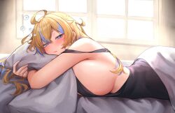  absurdres ahoge bare_shoulders black_dress blue_eyes blue_hair blush breasts dress female from_side highres huge_breasts indie_virtual_youtuber indoors laibaht long_hair looking_at_viewer lying multicolored_hair on_stomach pillow sleepy solo streaked_hair sunlight two-tone_hair umamii virtual_youtuber window 