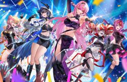 5girls alternate_costume arm_behind_head armpits asymmetrical_bangs asymmetrical_horns belt black_choker black_gloves black_hair black_hairband black_pants black_skirt black_tube_top blonde_hair blue_hair breasts character_name choker cleavage cleavage_cutout clothing_cutout collared_halterneck colored_inner_hair commentary cowboy_shot crop_top cropped_jacket demon_horns double_bun fingerless_gloves flower gloves group_picture hair_bun hairband hanh_chu headset highres hololive hololive_english hololive_indonesia hood hood_up hooded_jacket horn_flower horns irys_(hololive) jacket kureiji_ollie large_breasts light_blush long_hair long_sleeves looking_at_viewer midriff miniskirt mole mole_under_eye momosuzu_nene mori_calliope multicolored_hair multiple_girls navel nerissa_ravencroft official_alternate_costume one_eye_closed open_clothes open_jacket open_mouth outstretched_arm pants pencil_skirt pink_eyes pink_hair purple_eyes purple_hair red_eyes red_hair skirt smile stitched_face stitches strap strapless tube_top two-tone_hair uneven_horns very_long_hair virtual_youtuber white_jacket zombie 
