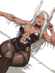  abs alternate_costume animal_ears bare_arms bare_shoulders black_choker black_leotard black_lips black_nails boku_no_hero_academia breasts bright_pupils center_opening choker cleavage collarbone commentary crossed_legs dark-skinned_female dark_skin english_commentary enji_masterpie female hand_up highleg highleg_leotard highres large_breasts leotard long_eyelashes long_hair looking_at_viewer mirko muscular muscular_female nail_polish navel pantyhose parted_bangs rabbit_ears rabbit_girl red_eyes sitting smile solo strapless strapless_leotard thick_thighs thighband_pantyhose thighs toned toned_female v very_long_hair white_hair white_pupils 