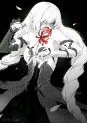  bandaged_arm bandages bare_shoulders black_background braid breasts commentary cowboy_shot detached_sleeves dress english_commentary female flower greyscale hands_up highres holding holding_flower looking_at_viewer low_twin_braids monochrome pantyhose phrolova_(wuthering_waves) red_spider_lily rh_og69 single_detached_sleeve skirt small_breasts solo spot_color tacet_mark_(wuthering_waves) twin_braids twitter_username wuthering_waves 