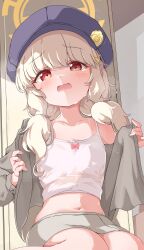  absurdres aoba_(blue_archive) black_hat blonde_hair blue_archive blush bow bow_camisole breasts camisole collarbone commentary female fluffy_hair hair_ornament halo hat hello-ghiblisan highres indoors jacket kneeling long_hair long_sleeves looking_at_viewer low_twintails midriff navel newsboy_cap off_shoulder open_clothes open_jacket open_mouth red_eyes shirt skirt small_breasts solo sweat tearing_up twintails wavy_mouth white_camisole yellow_halo 