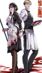  1boy apron black_bow black_bowtie black_dress black_hair black_pants black_thighhighs black_vest blonde_hair blood blood_on_cheek blood_on_clothes blood_on_knife blue_eyes bow bowtie breasts closed_mouth collared_shirt commentary copyright_name dress english_commentary feet_out_of_frame female hand_in_pocket henoopd highres holding holding_knife holding_mop holding_plate juliet_sleeves knife lips long_hair long_sleeves looking_to_the_side maid maid_apron maid_headdress medium_breasts mop pants parted_lips pink_lips plate puffy_sleeves red_eyes red_nails shirt short_hair sidelocks simple_background spy_x_family standing thighhighs twilight_(spy_x_family) vest white_apron white_background white_headdress white_shirt yor_briar 