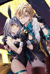  1boy ;) anaxa_(honkai:_star_rail) animal_ears aventurine_(honkai:_star_rail) black_gloves black_leotard black_vest blonde_hair blue_pupils blurry blurry_foreground breasts cleavage closed_mouth coin cowboy_shot earrings fake_tail female gloves grey_hair hand_on_another&#039;s_shoulder holding holding_coin honkai:_star_rail honkai_(series) indoors jewelry leotard long_hair looking_at_viewer medium_breasts one_eye_closed pants rabbit_ears rabbit_tail red_eyes short_hair skindentation smile sparkle standing strapless strapless_leotard symbol-shaped_pupils tail thigh_strap vest white_pants yamika yellow_eyes 