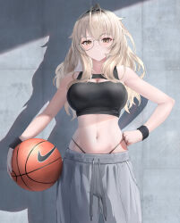  absurdres ball bare_shoulders basketball basketball_(object) black_sports_bra blonde_hair blush breasts cleavage closed_mouth female glasses grey_pants highres holding large_breasts long_hair looking_at_viewer midriff navel original pants panty_straps simple_background solo sports_bra sportswear sthk sweatpants wristband yellow_eyes 