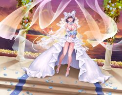  absurdres animal_ears aqua_streaks azur_lane bare_shoulders blue_flower blue_gemstone blue_petals blue_rose bouquet breasts bridal_gauntlets bridal_veil cat_ears cheshire_(azur_lane) cheshire_(white_seaside_melody)_(azur_lane) cleavage closed_eyes column detached_collar dress dutch_angle english_commentary evening facing_viewer fake_animal_ears female flower frilled_dress frills gem happy highres holding holding_bouquet jewelry large_breasts medium_hair multicolored_hair official_alternate_costume open_mouth outdoors pillar purple_hair ring rose see-through_clothes see-through_dress shoes showgirl_skirt solo streaked_hair sunset tah1_26 two-tone_hair veil water wedding_dress wedding_ring white_bridal_gauntlets white_dress white_flower white_rose white_shoes white_veil 