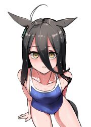  absurdres ahoge alternate_costume animal_ears arm_support bare_arms bare_legs bare_shoulders black_hair blank_stare blue_one-piece_swimsuit blush breasts closed_mouth collarbone commentary_request competition_school_swimsuit cowboy_shot double-parted_bangs earrings empty_eyes female from_above hair_between_eyes highres horse_ears horse_girl horse_tail invisible_chair jewelry kakuteru_sudachi long_hair looking_at_viewer manhattan_cafe_(umamusume) one-piece_swimsuit school_swimsuit simple_background single_earring sitting small_breasts solo straight_hair swimsuit tail thighs umamusume wet wet_clothes wet_hair wet_swimsuit white_background yellow_eyes 
