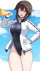  black_one-piece_swimsuit blush breasts cloud day female grey_eyes hair_between_eyes hayasui_(kancolle) highres jacket kantai_collection large_breasts long_sleeves looking_at_viewer mayomaru1 one-piece_swimsuit open_mouth outdoors short_hair smile swimsuit swimsuit_under_clothes track_jacket 