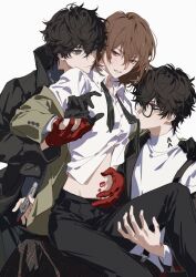  3boys akechi_gorou amamiya_ren black_coat black_eyes black_gloves black_hair black_necktie black_overalls black_pants black_shirt blush body_writing boy_sandwich brown_hair brown_jacket carrying closed_mouth coat collared_shirt doran_(doran7280) dual_persona glasses gloves grey_eyes hair_between_eyes hand_in_another&#039;s_glove hand_on_another&#039;s_waist highres holding holding_hands holding_pen hug hug_from_behind jacket joker_(persona_5) long_sleeves looking_at_another looking_at_viewer loose_necktie male_focus medium_hair midriff mouth_hold multiple_boys navel necktie necktie_in_mouth off_shoulder overalls pants parted_lips pen persona persona_5 plaid_clothes plaid_pants red_eyes red_gloves sandwiched school_uniform shirt short_hair shuujin_academy_school_uniform simple_background sitting sitting_on_lap sitting_on_person smile striped_necktie sweatdrop turtleneck white_background white_shirt yaoi 