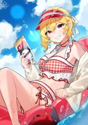 absurdres bare_shoulders bikini blonde_hair blue_sky blush breasts cellphone cloud commentary_request day drawstring dutch_angle female grin hair_between_eyes hayate_fish highres hololive hood hood_down hooded_jacket innertube jacket kaela_kovalskia long_sleeves looking_at_viewer medium_breasts navel off_shoulder open_clothes open_jacket outdoors phone plaid_bikini plaid_clothes puffy_long_sleeves puffy_sleeves red_bikini red_eyes sky sleeves_past_wrists smile solo swim_ring swimsuit virtual_youtuber visor_cap water white_jacket 