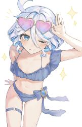  ;) absurdres ahoge bare_shoulders bikini blue_bikini blue_eyes blue_hair colored_inner_hair eyewear_on_head female furina_(genshin_impact) genshin_impact heart heart-shaped_eyewear highres looking_at_viewer multicolored_hair navel off-shoulder_bikini off_shoulder one_eye_closed ririru short_hair simple_background smile solo sparkle stomach sunglasses swimsuit thigh_strap thighs white_background white_hair 
