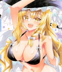  armpits blonde_hair bow breasts cleavage collarbone female frilled_hat frills hairbow hat highres huyugiri_luna kirisame_marisa long_hair marker_(medium) midriff navel open_mouth smile solo star_(symbol) touhou traditional_media witch_hat yellow_eyes 