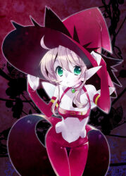  breasts bridal_gauntlets colored_skin commentary_request cosplay cowboy_shot dragon_quest dragon_quest_x elf elf_(dq10) fairy_wings female gratzel_(dq10) gratzel_(dq10)_(cosplay) green_eyes halterneck hat long_sidelocks looking_to_the_side midriff navel open_mouth pants pink_background pink_bridal_gauntlets pink_hair pink_hat pink_pants pink_shirt pink_skin pointy_ears purple_background shirt short_hair sidelocks small_breasts solo utsubushi_satsuki wings witch_hat 