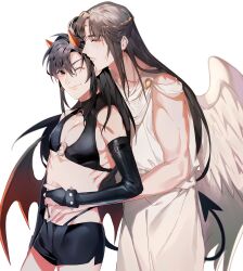  2boys absurdres alternate_costume alternate_universe androgynous angel angel_and_devil angel_wings bare_shoulders black_bridal_gauntlets black_hair black_panties black_shirt black_shorts bracelet bridal_gauntlets brown_eyes brown_hair circlet cleavage_cutout closed_mouth clothing_cutout couple crop_top demon_boy demon_horns demon_tail demon_wings elbow_gloves feathered_wings gloves highleg highleg_panties highres horns hug hug_from_behind jewelry jujeop lan_wangji long_hair looking_at_another looking_at_viewer male_focus midriff modao_zushi multiple_boys o-ring one_eye_closed panties pectoral_cleavage pectorals ponytail robe shirt short_shorts shorts sidelocks simple_background sleeveless sleeveless_robe sleeveless_shirt smile spiked_bracelet spikes tail trap turtleneck underwear wei_wuxian white_background white_robe white_wings wings yaoi yellow_eyes 