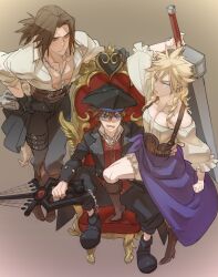  3boys alternate_costume alternate_hairstyle bare_pectorals belt between_legs black_coat black_fur black_hat black_pants black_shoes blonde_hair bloomers blouse blue_eyes boots brown_background brown_belt brown_boots brown_fur brown_hair buster_sword chain_necklace chains closed_eyes cloud_strife coat collarbone collared_shirt commentary_request crossdressing crossdressing_(mtf) crossed_ankles final_fantasy final_fantasy_vii final_fantasy_viii foot_up foreshortening frilled_shirt frills from_above frown full_body fur-trimmed_coat fur_trim gun hat high_heels highres holding holding_gun holding_weapon jewelry keyblade kingdom_hearts kingdom_hearts_iii kneehighs leaning_forward light_smile long_hair looking_at_viewer looking_to_the_side low_ponytail male_focus multiple_belts multiple_boys necklace off-shoulder_shirt off_shoulder official_alternate_costume open_clothes open_mouth open_shirt pants pectorals pendant ponytail purple_skirt red_vest ryouto scar scar_on_face serious shirt shoes sitting_on_throne skirt smile socks sora_(kingdom_hearts) spiked_hair spread_legs squall_leonhart standing suspenders sword sword_on_back thigh_belt thigh_strap throne tricorne vest waist_cape weapon weapon_on_back white_bloomers white_shirt wing_collar 