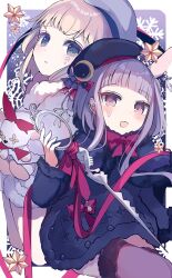  2girls :o arcaea beret black_capelet black_coat black_hat black_thighhighs blonde_hair blue_eyes blunt_bangs blush border bow bowtie capelet clover_39 coat commentary crescent crescent_hat_ornament english_commentary eto_(arcaea) eto_(winter)_(arcaea) facial_mark fur-trimmed_capelet fur-trimmed_thighhighs fur_trim grey_eyes grey_hair grey_hat hat hat_ornament highres holding holding_staff holding_stuffed_toy looking_at_viewer luna_(arcaea) luna_(winter)_(arcaea) mark_under_eye multiple_girls oerba_yun_fang open_mouth parted_lips red_bow red_bowtie short_hair skin_fang snowflakes staff star_(symbol) star_in_eye stuffed_animal stuffed_toy symbol_in_eye thighhighs white_border white_capelet 