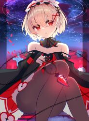  arcaea bare_shoulders black_pantyhose black_ribbon blonde_hair clover_39 collarbone commentary_request crystal detached_collar double_strap_slip dress feet_out_of_frame female field flower flower_field frilled_hairband frills hair_between_eyes hair_ornament hairband highres looking_at_viewer neck_ribbon night night_sky outdoors pantyhose parted_lips red_eyes red_flower red_petals ribbon short_hair sky solo tearing_up tombstone vita_(arcaea) x_hair_ornament 
