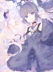  2girls arcaea black_hair blonde_hair blue_eyes bow breasts closed_eyes clothing_cutout commentary_request cowboy_shot cross-laced_clothes cross-laced_dress dress flower frilled_dress frilled_sleeves frilled_wrist_cuffs frills gem hair_intakes hairbow hand_in_another&#039;s_hair highres hikari_(arcaea) hikari_(reunion)_(arcaea) long_hair long_sleeves looking_at_viewer lying multiple_girls natonatofull on_back on_side open_mouth purple_eyes purple_gemstone shoulder_cutout sleeping small_breasts tairitsu_(arcaea) tairitsu_(reunion)_(arcaea) white_bow white_flower white_wrist_cuffs wide_sleeves wrist_cuffs 