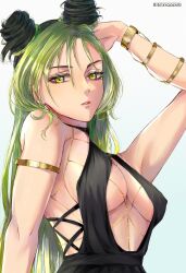  arm_up armpit_crease artist_name bare_shoulders black_dress black_hair bracelet braid breasts chains cleavage commentary double_bun dress english_commentary eyelashes eyeshadow female gold_armlet gold_bracelet gold_chain gradient_background green_eyes green_hair hair_between_eyes hair_bun hashtag-only_commentary henoopd highres jewelry jojo_no_kimyou_na_bouken kujo_jolyne lips long_hair looking_at_viewer makeup medium_breasts multicolored_hair parted_lips ribs solo stone_ocean two-tone_hair upper_body very_long_hair white_background 