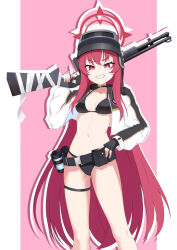  altyn_helmet belt bikini black_belt black_bikini black_gloves black_helmet blue_archive breasts combat_helmet female fingerless_gloves gauze gauze_on_cheek gebukoro123 gloves gun hair_between_eyes halo helmet highres holding holding_behind_neck holding_gun holding_weapon jacket long_hair looking_at_viewer medium_breasts mossberg_590 navel official_alternate_costume open_clothes open_jacket rabu_(blue_archive) rabu_(swimsuit)_(blue_archive) red_eyes red_hair red_halo shotgun smile swimsuit thigh_strap very_long_hair weapon 