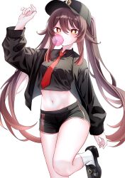  alternate_costume arm_at_side black_jacket black_shirt black_shoes black_shorts black_sleeves blunt_tresses bright_pupils brown_hair brown_pupils casual chewing_gum collared_shirt colored_tips contemporary cropped_shirt curled_fingers dolphin_shorts female flower-shaped_pupils foot_up genshin_impact gradient_hair green_hat groin hair_between_eyes hand_up hat highres hu_tao_(genshin_impact) jacket kuro774_n long_hair long_sleeves looking_at_viewer mary_janes midriff multicolored_hair navel necktie open_clothes open_jacket peaked_cap red_necktie shirt shoes shorts socks solo standing standing_on_one_leg symbol-shaped_pupils twintails white_background white_pupils white_socks wispy_bangs 