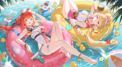  2girls absurdres ahoge alice_thymefield alice_thymefield_(sea_of_thyme) animal_ears anklet ball bangboo_(zenless_zone_zero) beachball blonde_hair bracelet braid breasts chinese_commentary cleavage commentary_request eyewear_on_head facial_mark gradient-tinted_eyewear green_eyes heart heart-shaped_eyewear heart_facial_mark highres jewelry large_breasts looking_at_viewer medium_breasts multiple_girls on_innertube one-piece_swimsuit orange_eyes outdoors rabbit_ears rabbit_girl red_hair rubber_duck shangguan_wanyu sharkboo_(zenless_zone_zero) sphere_hair_ornament swim_ring swimsuit thigh_strap tinted_eyewear two-tone_one-piece_swimsuit ukinami_yuzuha ukinami_yuzuha_(tanuki_in_broad_daylight) water water_drop water_gun zenless_zone_zero 