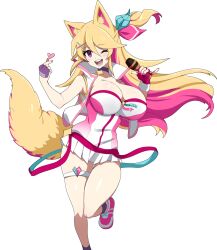  ;d animal_ears asymmetrical_gloves bare_legs blonde_hair borrowed_character breasts cleavage colored_inner_hair commission double-parted_bangs female finger_heart fingerless_gloves foot_out_of_frame gloves hair_between_eyes hair_ornament half_gloves hands_up happy heart holding holding_microphone jacket knee_up large_breasts long_hair looking_at_viewer microphone microskirt mismatched_gloves multicolored_hair nail_polish nashirasauce one_eye_closed one_side_up open_clothes open_jacket original pendant_choker pink_gloves pink_hair pink_nails pink_shoes pink_trim pleated_skirt purple_eyes second-party_source shoes simple_background skirt sleeveless sleeveless_jacket smile sneakers solo standing standing_on_one_leg tachi-e teeth thigh_strap transparent_background two-tone_hair white_jacket white_skirt wind x_hair_ornament yellow_tail 