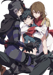  3boys akechi_gorou amamiya_ren arm_strap ass belt black_belt black_bodysuit black_boots black_cape black_eyes black_gloves black_hair black_helmet black_jacket black_mask_(persona_5) black_pants black_shirt blush bodysuit boots boy_sandwich brown_hair cape clothes_down clothes_lift crow_(persona_5) doran_(doran7280) dual_persona epaulettes gloves hair_between_eyes hand_on_another&#039;s_hip hand_on_another&#039;s_waist helmet highres hug hug_from_behind jacket jacket_partially_removed joker_(persona_5) lifting_another&#039;s_clothes long_sleeves looking_at_another looking_at_viewer male_focus mask medium_hair midriff multiple_boys open_mouth pants parted_lips persona persona_5 red_cape red_eyes red_gloves sandwiched shirt shirt_lift short_hair simple_background sitting sitting_on_lap sitting_on_person sleeveless sleeveless_shirt smile spread_legs straddling striped_bodysuit thigh_strap white_background white_gloves white_jacket white_pants yaoi 