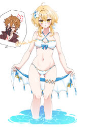  1boy bare_arms bare_legs bikini black_gloves blonde_hair blood blue_bow blush bow bow_bikini breasts cleavage clothing_cutout criss-cross_halter crossed_bangs female genshin_impact gloves halterneck hhh_halta looking_at_viewer lumine_(genshin_impact) medium_breasts navel_cutout nosebleed open_mouth short_hair_with_long_locks sidelocks soaking_feet solo_focus swimsuit tartaglia_(genshin_impact) twitter_username white_bikini yellow_eyes 
