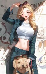  ;d animal blue_jacket blue_pants blush bracelet breasts canine commentary_request denim eyewear_on_head female green_eyes gyaru hand_up highres jacket jeans jewelry large_breasts leash long_sleeves looking_at_viewer medium_hair midriff mole mole_under_eye navel one_eye_closed open_clothes open_jacket open_mouth original pants shirt sino42 smile solo standing sunglasses tongue tongue_out white_shirt 