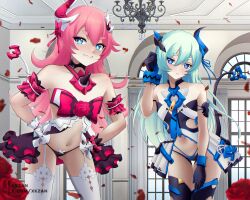  2girls bare_shoulders black_gloves black_panties black_thighhighs blue_eyes blue_hair blush breasts chandelier commentary_request commission falling_petals flower garter_straps gloves highres honkai_(series) honkai_impact_3rd horns indoors liliya_olenyeva long_hair multiple_girls navel no_tail panties petals pink_hair pink_ribbon red_flower red_rose ribbon rose rozaliya_olenyeva siblings single_horn sisters skeb_commission small_breasts smile stomach thighhighs underwear white_garter_straps white_thighhighs xkzan 