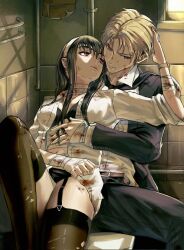  1boy bandaged_arm bandaged_stomach bandages belt black_belt black_bra black_hair black_jacket black_necktie black_panties black_pants black_thighhighs blonde_hair blood blood_on_arm blood_on_cheek blood_on_neck blue_eyes bra breasts closed_mouth collarbone collared_shirt commentary couple earrings english_commentary feet_out_of_frame female fingernails gold_earrings hair_between_eyes hand_on_another&#039;s_head hand_on_another&#039;s_stomach headband henoopd highres hug indoors jacket jewelry knee_up long_hair looking_at_another looking_down looking_up medium_breasts midriff navel necktie on_toilet open_clothes open_shirt panties pants parted_lips red_eyes shirt short_hair sidelocks sitting spy_x_family sunlight thigh_strap thighhighs torn_clothes torn_thighhighs twilight_(spy_x_family) underwear white_headband white_shirt window yor_briar 