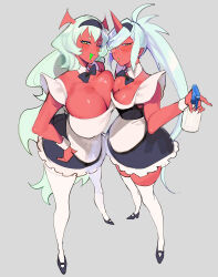  2girls alternate_costume apron black_dress blue_hair bottle breasts colored_skin demon_girl dress enmaided frilled_apron frilled_dress frills glasses green_eyes green_hair highres holding horns kneesocks_(psg) large_breasts long_hair looking_at_viewer maid maid_apron maid_headdress mayana_(bbpp) medium_breasts multiple_girls oerba_yun_fang open_mouth panty_&amp;_stocking_with_garterbelt pointy_ears ponytail puffy_sleeves red_skin scanty_(psg) siblings simple_background single_horn sisters skirt smile spray_bottle thighhighs waist_apron white_apron white_hair wrist_cuffs yellow_eyes 