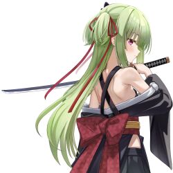  bare_shoulders blunt_bangs blunt_ends blush breasts female green_hair hair_between_eyes hair_ribbon highres hime_cut holding holding_sword holding_weapon japanese_clothes kimono long_hair long_sleeves looking_at_viewer murasame_(senren) red_eyes ribbon senren_banka sidelocks simple_background smile solo straight_hair sword tft_(tft7822) two_side_up very_long_hair weapon wide_sleeves 