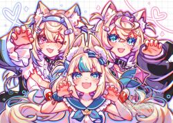  animal_ear_fluff animal_ears black_coat black_jacket blonde_hair blue_eyes blue_hair breasts cat_ears cat_girl claw_pose cleavage coat crossover dog_ears dog_girl dog_tail dress flat_chest fuwawa_abyssgard group_picture highres hololive hololive_english indie_virtual_youtuber jacket long_hair mococo_abyssgard multicolored_hair open_clothes open_coat open_jacket pink_eyes pink_hair sameko_saba shirt short_hair streaked_hair tail two-tone_hair two_side_up virtual_youtuber white_dress white_shirt xelalanana 