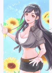  absurdres belt black_hair breasts brown_eyes cleavage collared_shirt commentary_request cowboy_shot denim denim_shorts earrings female final_fantasy final_fantasy_vii final_fantasy_vii_rebirth final_fantasy_vii_remake flower glint highres jewelry large_breasts long_hair looking_at_viewer midriff nanjou_kou official_alternate_costume open_mouth pink_lips pointing pointing_forward ribbed_shirt shirt short_shorts short_sleeves shorts solo sunflower swept_bangs tied_shirt tifa_lockhart tifa_lockhart_(majestic_glamour) 