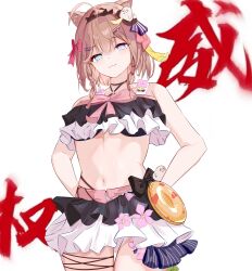  :3 absurdres ahoge bare_shoulders bikini bikini_skirt black_bikini black_hairband blue_eyes blunt_bangs breasts brown_hair chinese_commentary commentary_request female frilled_bikini frills green_eyes hairband heterochromia highres honkai_(series) honkai_impact_3rd looking_at_viewer medium_breasts navel official_alternate_costume pardofelis pardofelis_(midsummer_collector) qianying short_hair simple_background solo stomach swimsuit thighs translation_request white_background 