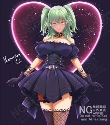  alternate_costume alternate_hairstyle ani_(xai) ani_(xai)_(cosplay) artist_name bare_shoulders black_background black_dress breasts cleavage cosplay cowboy_shot dress female female_byleth_(fire_emblem) fire_emblem fire_emblem:_three_houses green_eyes green_hair heart large_breasts medium_hair simple_background solo strapless strapless_dress thighs twitter two_side_up watermark xai_(company) yanmarson 