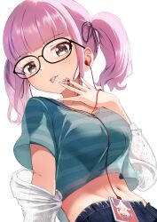  absurdres blue_pants blue_shirt breasts commentary_request crop_top crop_top_overhang cropped_shirt earphones female girls_band_cry grey_eyes highres hina_(girls_band_cry) iseri_nina jacket looking_at_viewer medium_breasts medium_hair midriff nanafuku navel off_shoulder pants pink_hair shirt short_twintails simple_background solo striped_clothes striped_shirt tongue tongue_out twintails white_background white_jacket 