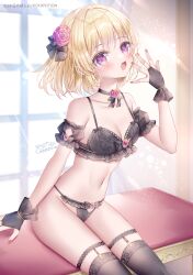  :d backlighting bare_shoulders black_bra black_panties black_sleeves black_thighhighs blonde_hair bow bow_bra bow_panties bra breasts bridal_gauntlets cleavage collarbone commentary_request commission curtains detached_sleeves female flower hair_flower hair_ornament hand_to_own_mouth hand_up highres indoors kohinata_hoshimi medium_breasts nail_polish original panties pixiv_commission puffy_short_sleeves puffy_sleeves purple_eyes purple_flower purple_rose red_nails rose short_sleeves sitting smile solo sunlight thighhighs underwear underwear_only window 