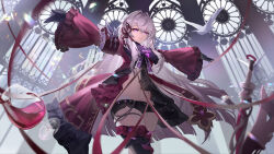  absurdres alcohol bird black_shorts chinese_commentary coat commentary_request cup dove drinking_glass female hair_intakes highres honkai_(series) honkai_impact_3rd indoors long_hair micro_shorts navel purple_eyes purple_ribbon red_coat ribbon shorts solo stomach sword t-pose thelema_nutriscu thelema_nutriscu_(mad_pleasure:_shadowbringer) thighs very_long_hair weapon white_hair wine wine_glass wobujidaoa 