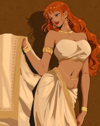  absurdres alternate_costume bangle bare_shoulders bindi bracelet breasts brown_background brown_eyes cowboy_shot earrings english_commentary female gold_armlet gold_bracelet gold_earrings gold_necklace highres indian_clothes jewelry large_breasts long_hair looking_to_the_side midriff nami_(one_piece) navel necklace one_piece orange_hair parted_lips prenkuchan red_lips sarong solo strapless tube_top wavy_hair white_sarong white_tube_top 